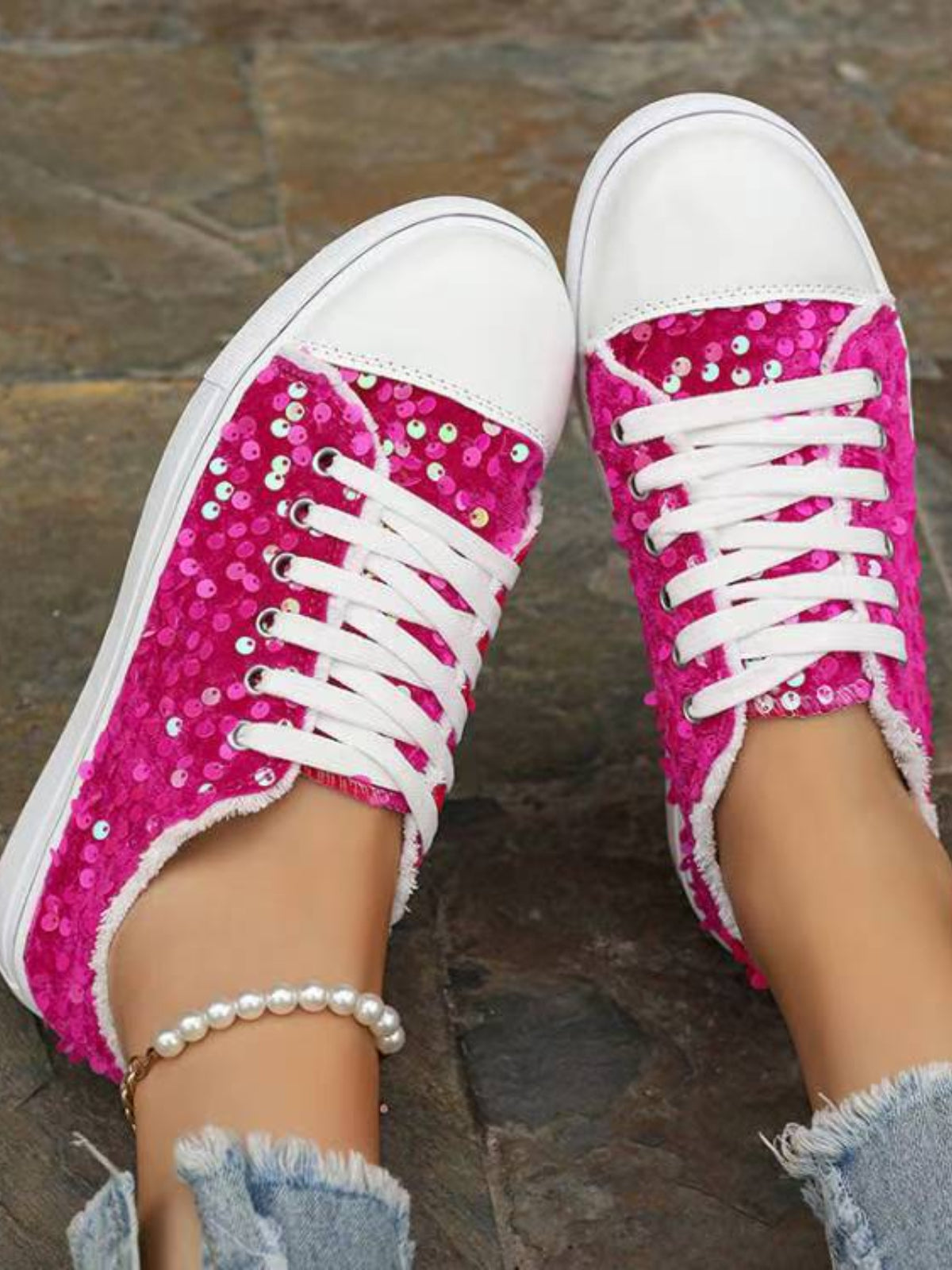 Sequin Round Toe Flat Sneakers worn while walking down the street, ideal for casual wear.