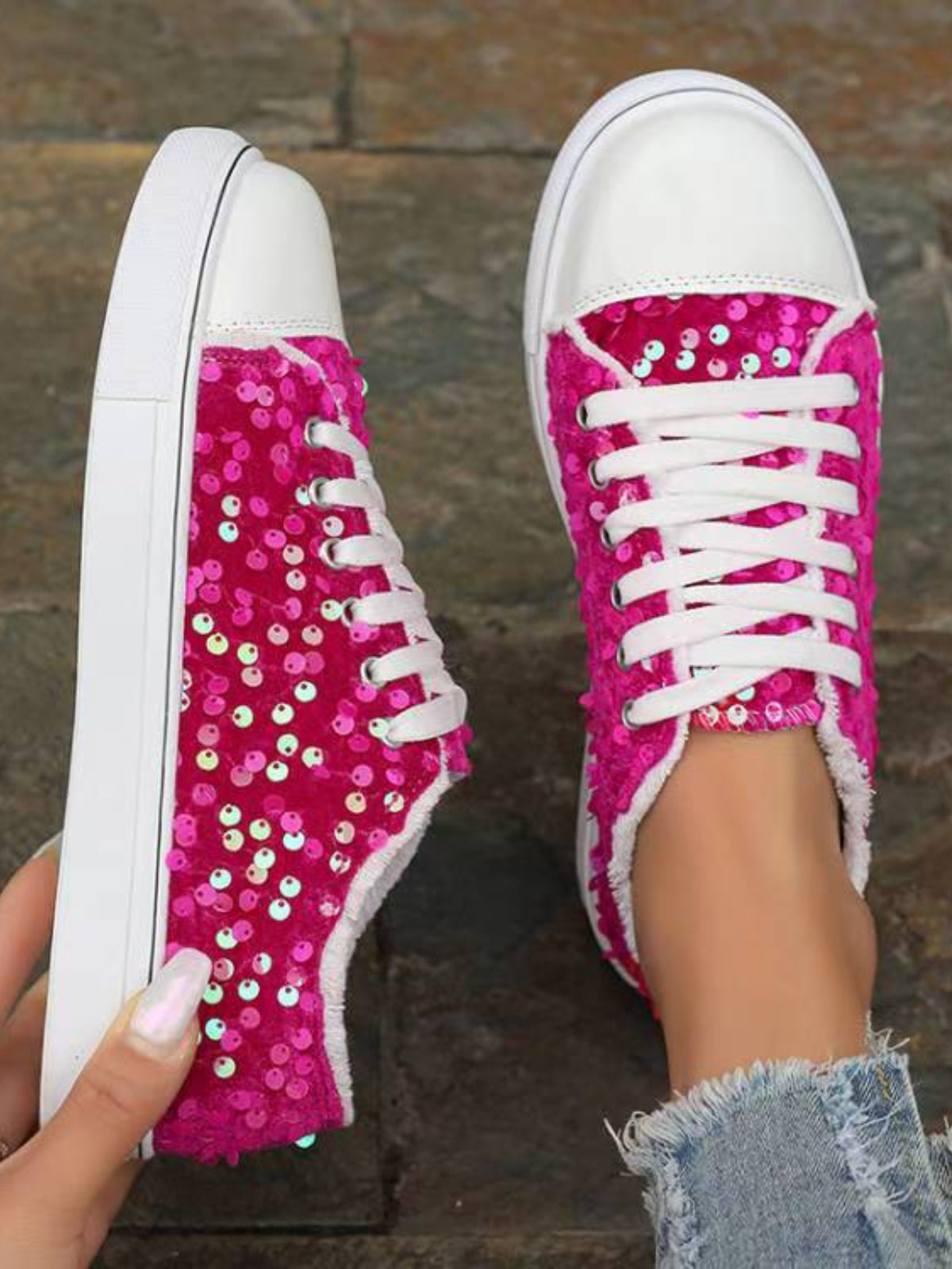 Sequin Round Toe Flat Sneakers worn outdoors, perfect for casual outings and errands.