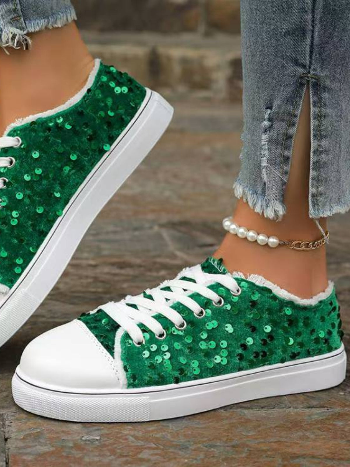 Side view of Sequin Round Toe Flat Sneakers showcasing the sleek round toe and sequins.