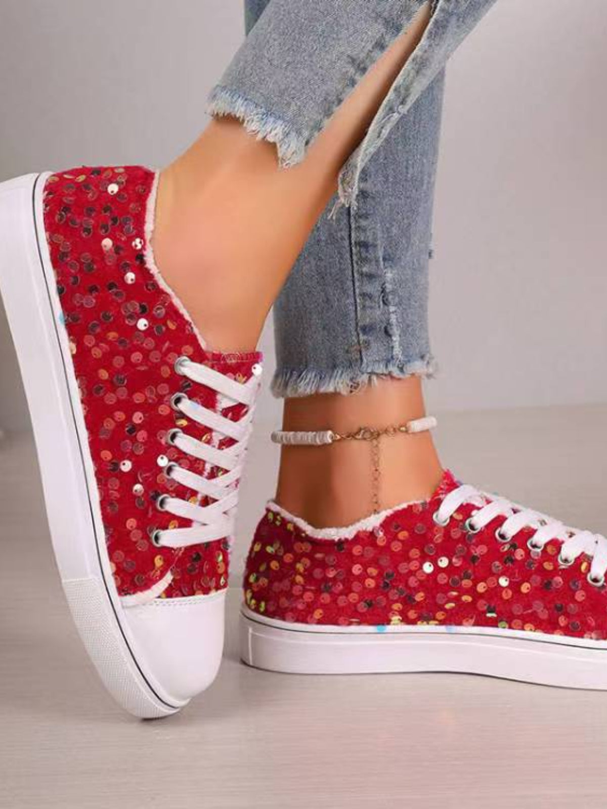 Sequin Round Toe Flat Sneakers worn on feet, perfect for casual days and comfortable wear.