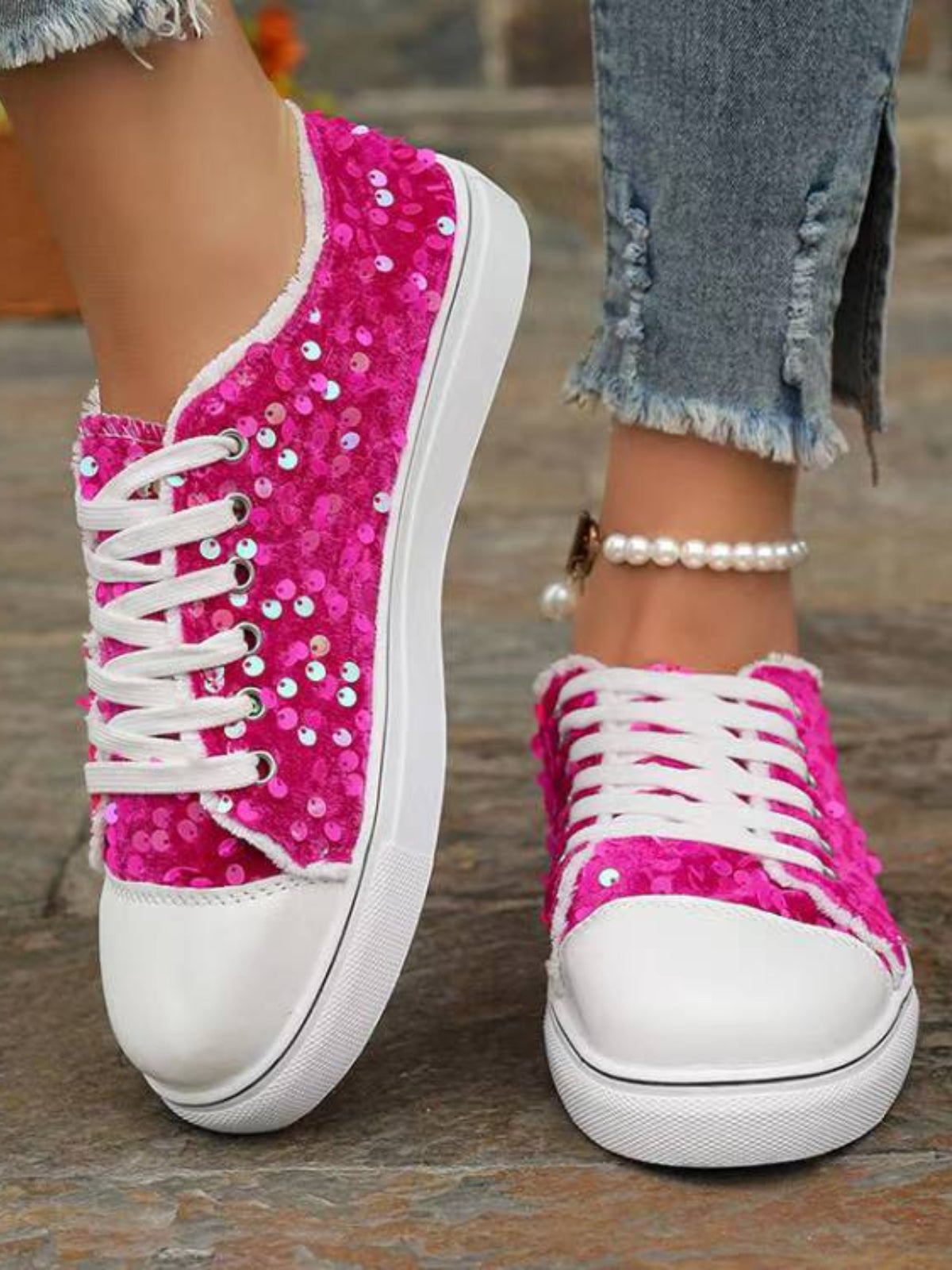 Sequin Round Toe Flat Sneakers paired with jeans for a trendy, comfortable casual style.