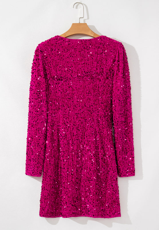 Back View of Sequin Surplice Long Sleeve Mini Dress for Women