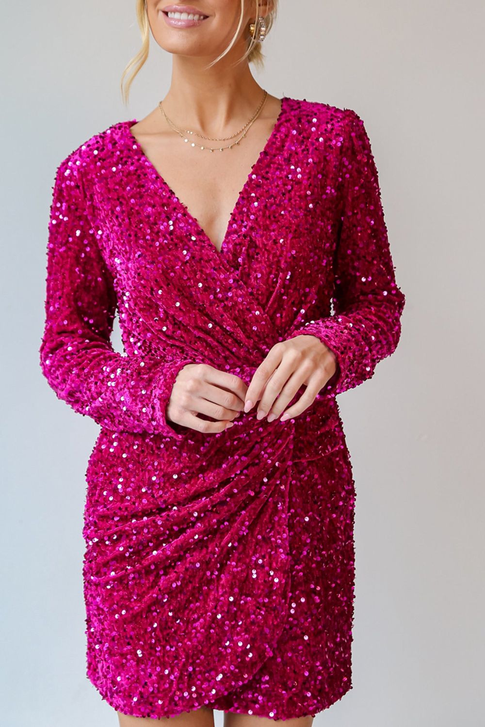 Sequin Surplice Long Sleeve Mini Dress – Flattering Fit with Sparkle