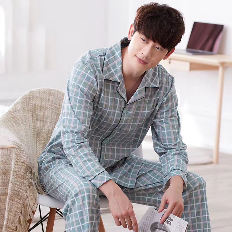 Men’s Spring and Autumn Pajamas Suit worn in a cozy living room setting, ideal for relaxing.