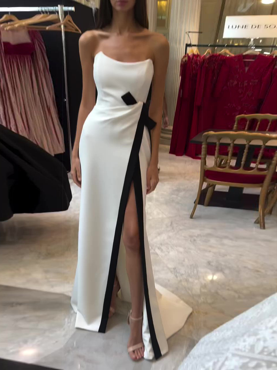 Strapless Black and White Contrasting Slit Dress – Chic & Elegant Look