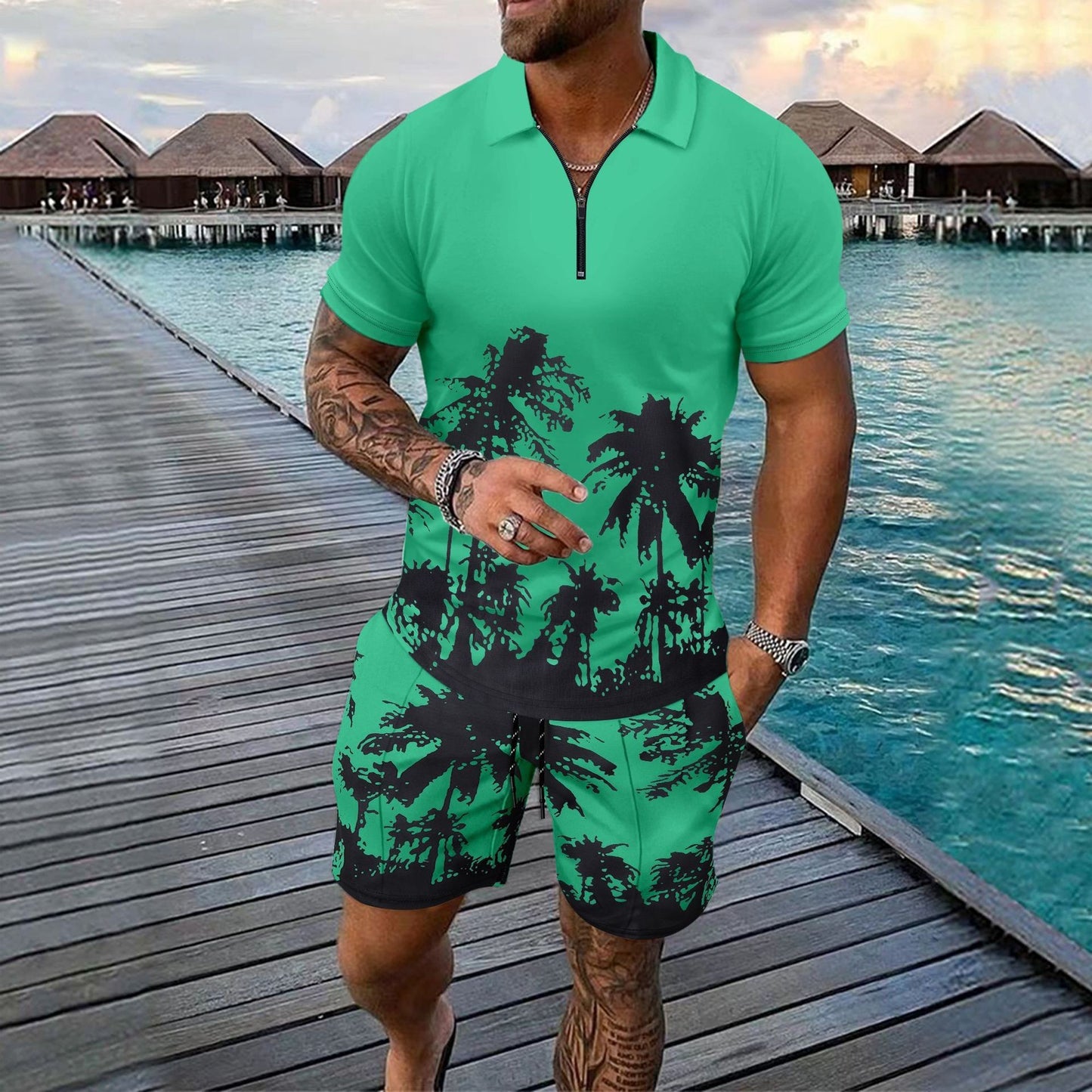 Casual and comfortable men’s short-sleeved shirt & shorts suit