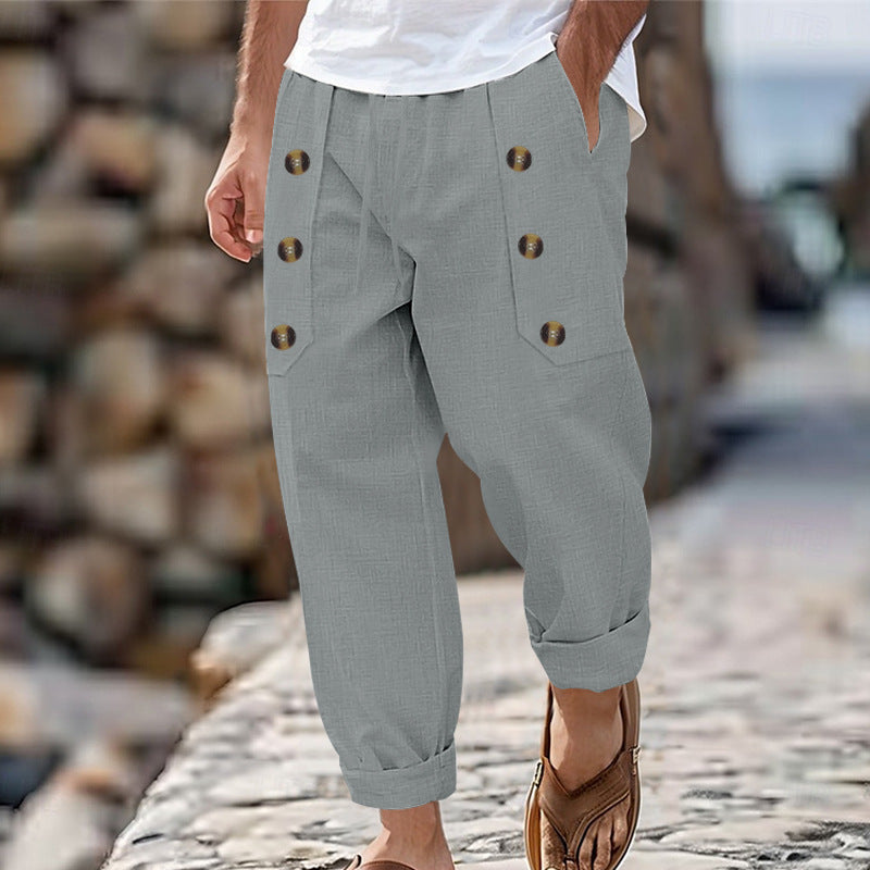 Stylish summer trousers for men – cotton and linen with button details