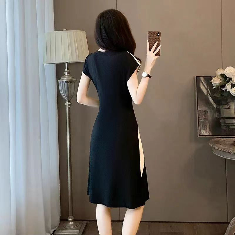 Temperament Waist-Controlled Slimming Black and White Stitching Casual Dress - Filoré