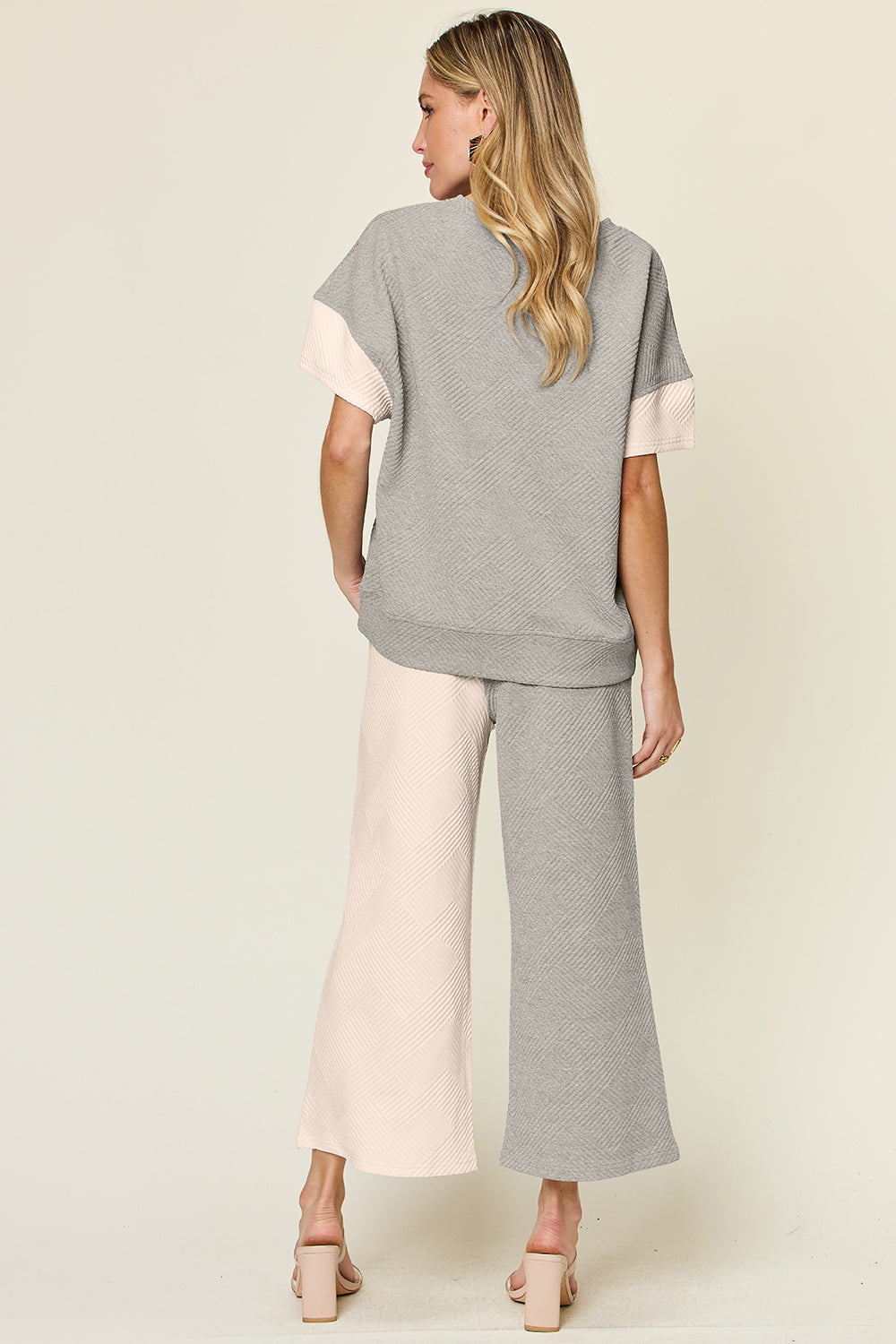 Double Take Full Size Texture Contrast T-Shirt and Wide Leg Pants Set | Stylish Women’s Lounge Set - Filoré