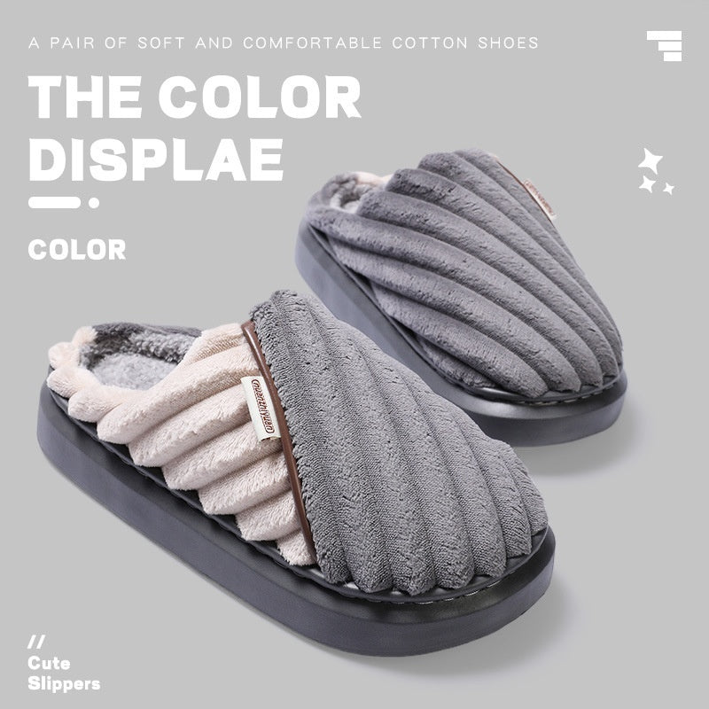 Thick-soled fleece-lined slippers for oversized comfort in winter.