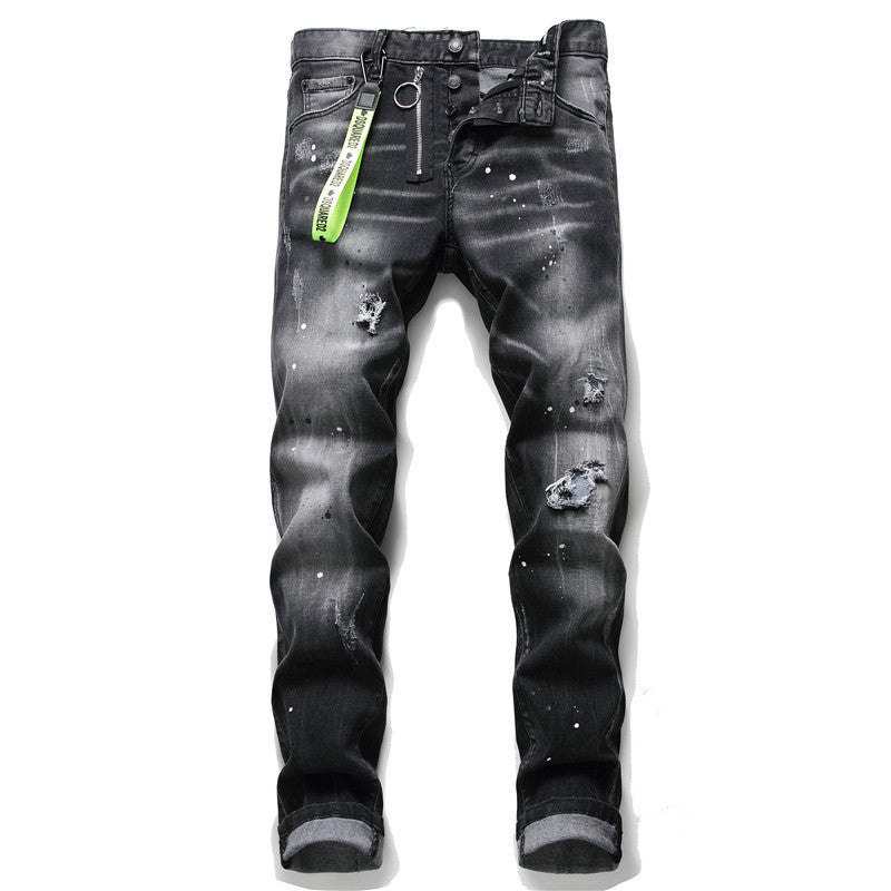 Trendy Men’s Stretch Denim Jeans with Distressed Broken Paint Details