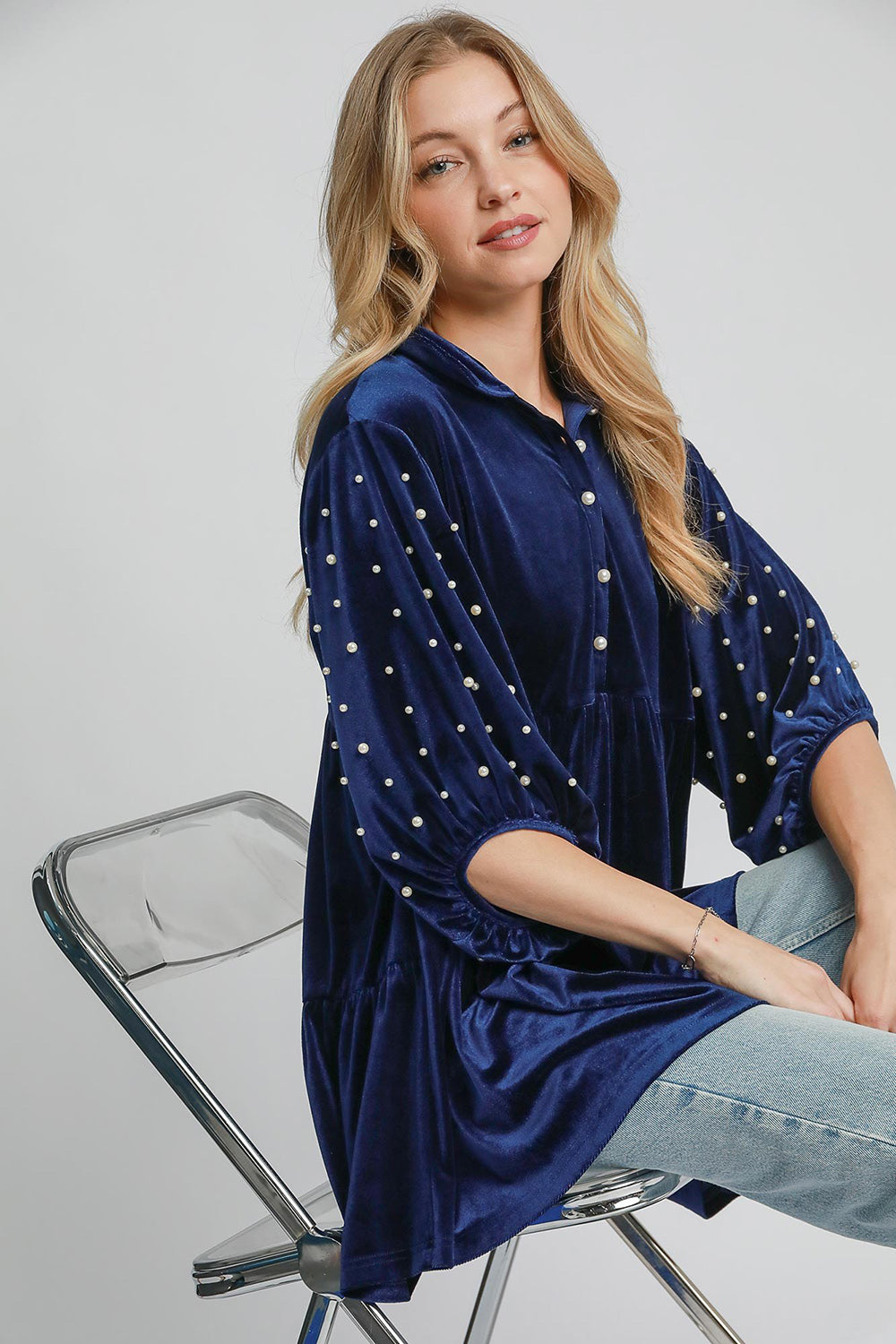 Umgee Pearl Detail Collared Neck Velvet Babydoll Blouse | Elegant & Stylish Women's Top - Filoré