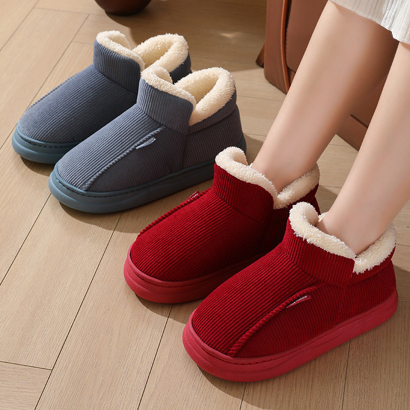 Warm thickened indoor slippers for men and women with a snug ankle wrap design.