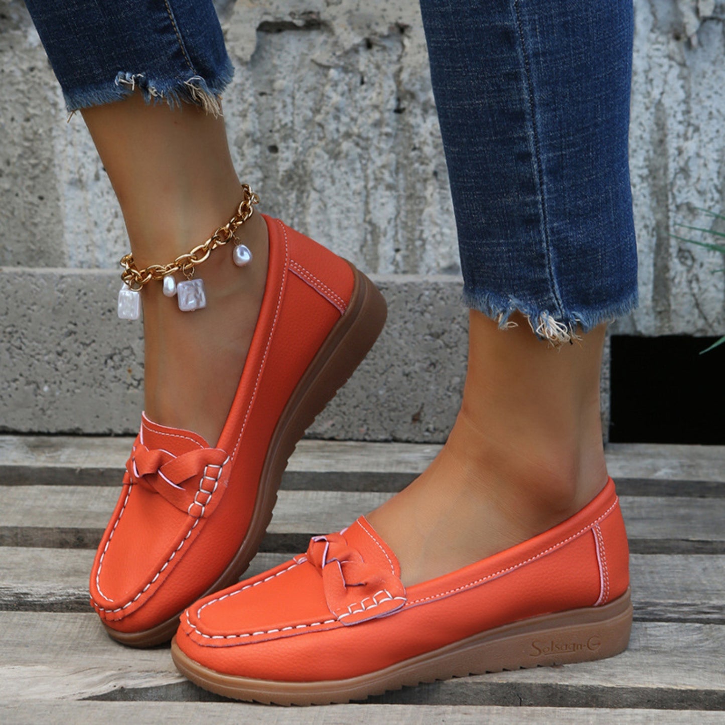 Close-up of the woven material on Weave Wedge Heeled Loafers, highlighting the texture.