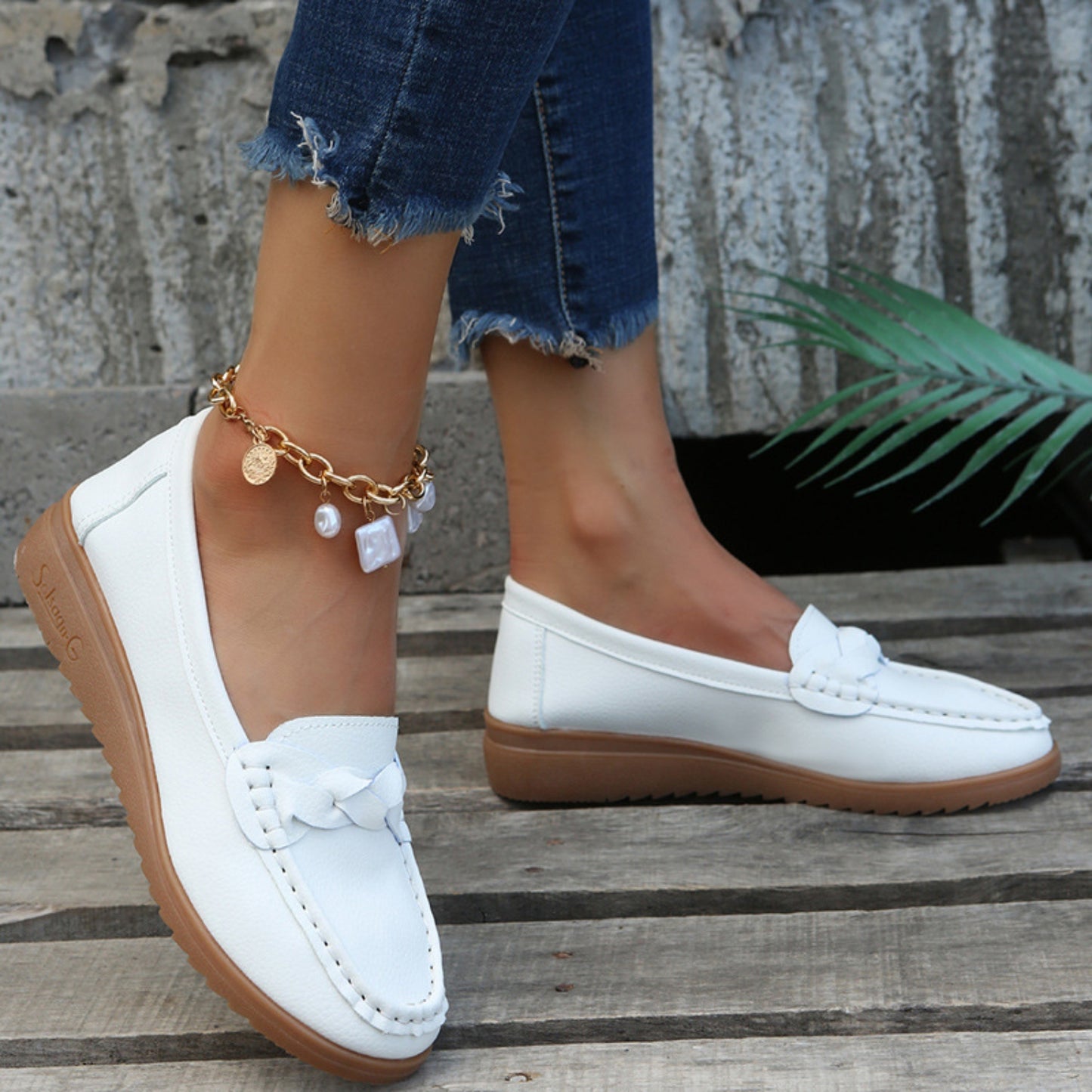 Weave Wedge Heeled Loafers styled outdoors under natural lighting, perfect for any season.