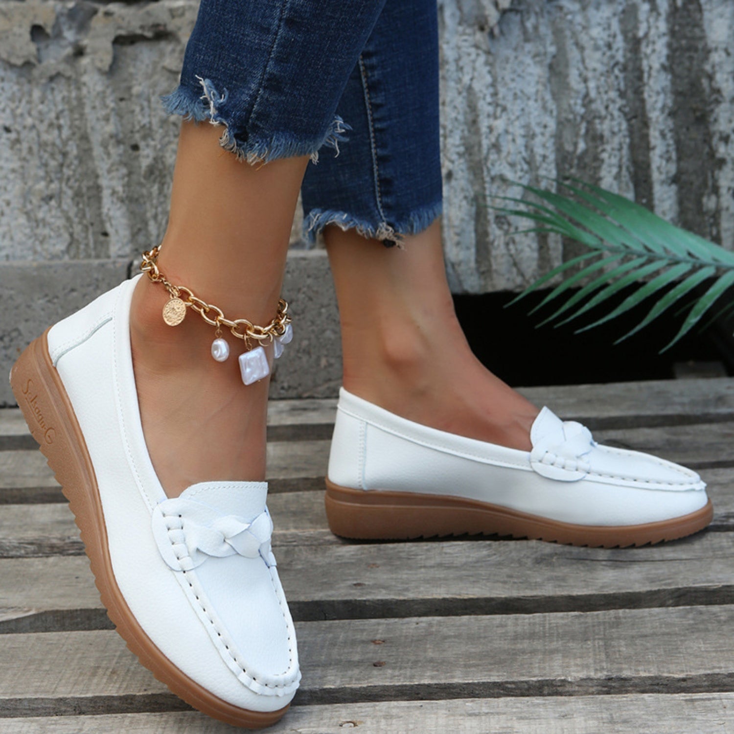 Weave Wedge Heeled Loafers styled outdoors under natural lighting, perfect for any season.