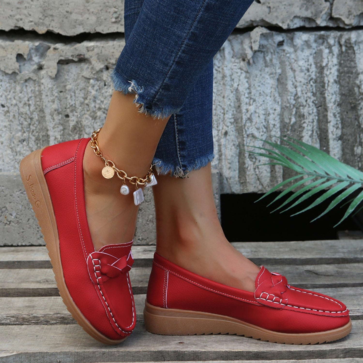 Weave Wedge Heeled Loafers worn on the street for a casual yet trendy day look.