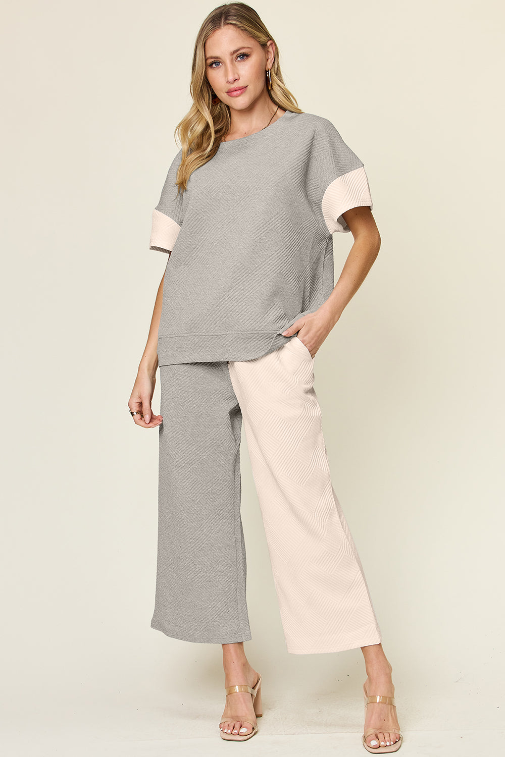 Double Take Full Size Texture Contrast T-Shirt and Wide Leg Pants Set | Stylish Women’s Lounge Set - Filoré