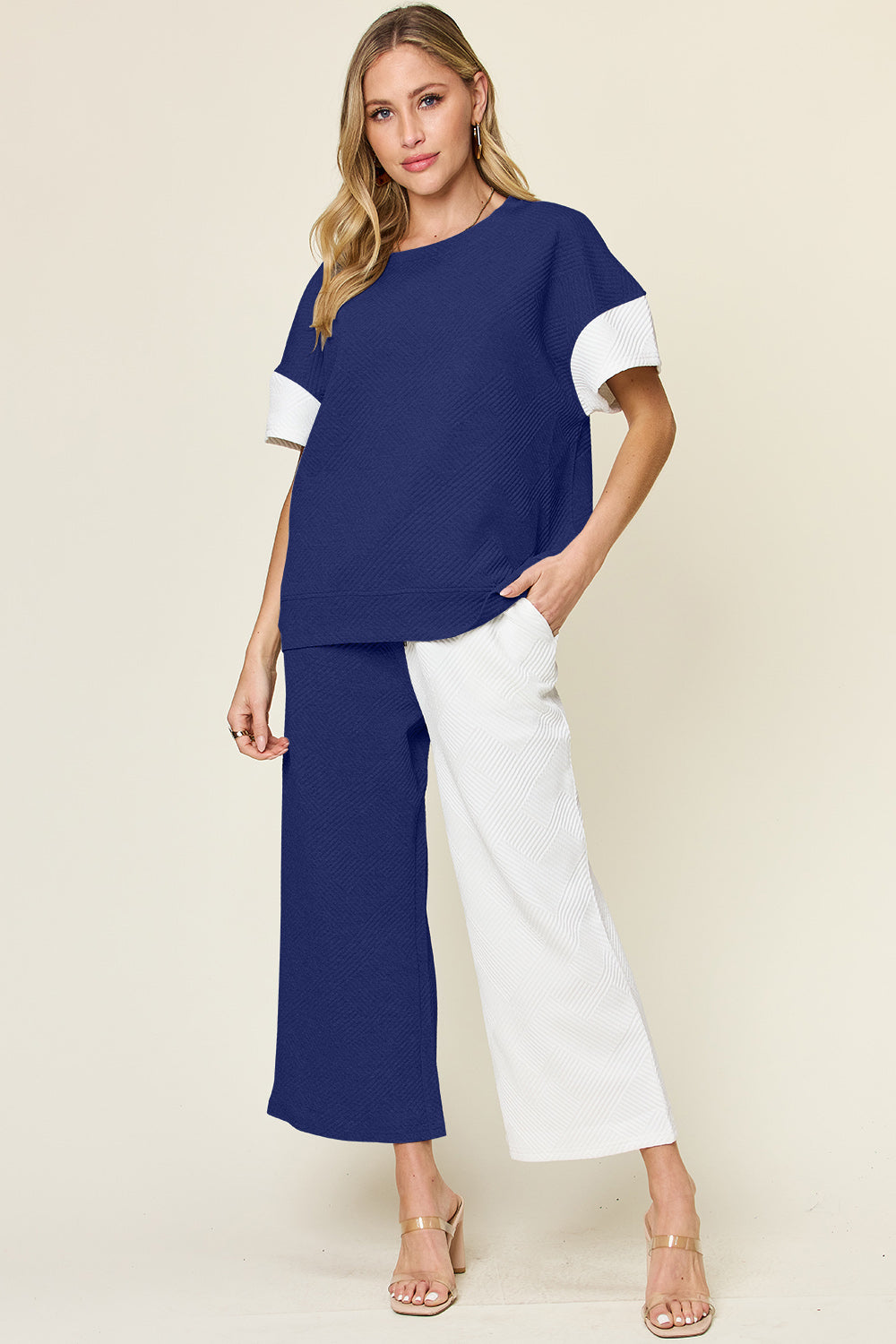 Double Take Full Size Texture Contrast T-Shirt and Wide Leg Pants Set | Stylish Women’s Lounge Set - Filoré