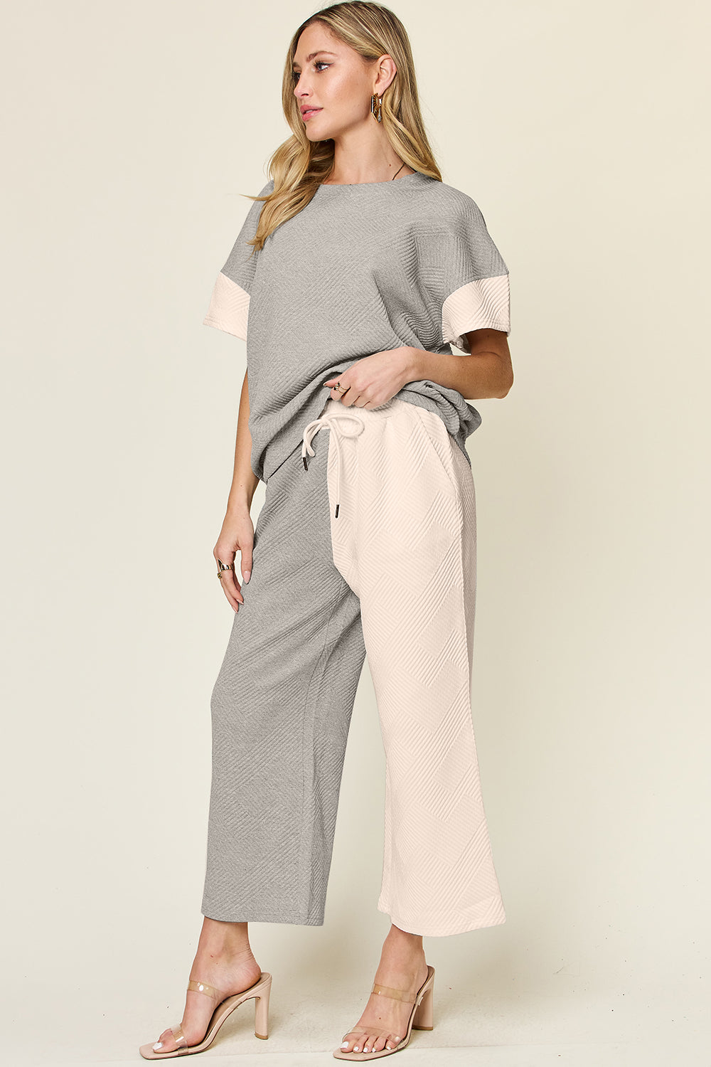 Double Take Full Size Texture Contrast T-Shirt and Wide Leg Pants Set | Stylish Women’s Lounge Set - Filoré