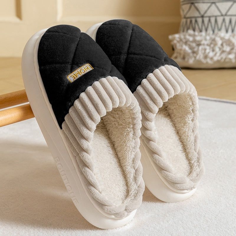 Winter couple plush floor slippers with non-slip soles for home comfort.